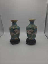 Vintage Chinese Blue Cloisonne Pair of Vases w/ Floral Decoration on Wood Stands picture