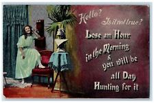 c1910's Girl Curly Hair Talking Phone Interior Living Room Antique Postcard picture