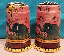 1997 PENZO ZIMBABWE POTTERY Salt & Pepper Shakers ELEPHANTS TREES SAFARI  picture