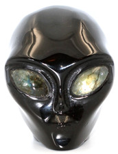 XL Amazing Black OBSIDIAN Crystal ALIEN Head with LABRADORITE Gemstone Eyes picture