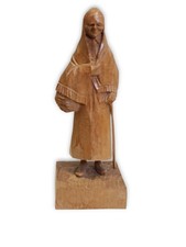 VTG hand-carved wooden folk art figurine; older peasant woman w/ a basket & cane picture