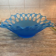 Vtg Westmoreland Blue Satin/Frosted Glass Doric Lace 12 1/2 In Oval Bowl picture