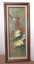 vintage original botanical floral Chinese cork wood veneer acrylic painting  picture