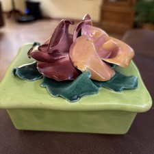 Vtg Johannes Brahm California Pottery Rose Trinket Box MCM Lidded Ceramic Green picture