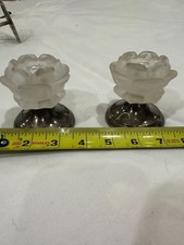 Vintage Frosted Glass Rose Candle Holders Pair Silver Tone Possibly Silverplate picture
