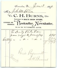 1899 C.H. Burns Bookseller/Newsdealer Scranton PA bill picture