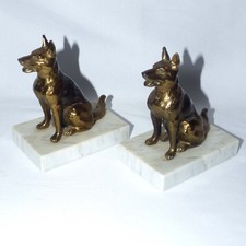 French Art Deco German Shepherd Dog Bookends Spelter Marble c1930 Pair Vintage picture