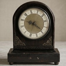 Vintage Dark Brown Wooden Mantel Clock Roman Numerals Ornate Antique Style Decor picture