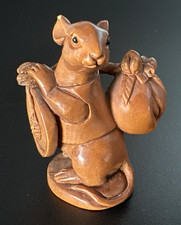 Asian Handmade Carved signed wooden Netsuke/pendant Mouse w/ Sack  picture