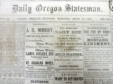 Rare original 1876 SALEM Oregon newspaper JESSE JAMES RAILROAD ROBBERY + CUSTER picture
