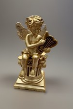 Vintage Golden Angel Playing Harp Hinged Trinket Box Heavy 3” Tall w Rhinestones picture