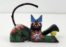 Vtg. Small Black Cat Oaxaca Esteban Fabian Mendez Signed Hand Carved Painted picture