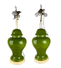 Pair Vtg Large Green Ceramic Ginger Jar Table Lamps Hollywood Regency 36