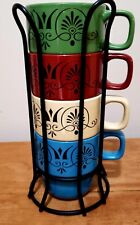 Vtg Crofton Stackable 12ozs Stoneware Mugs Set Of 4 With Holding Rack  picture