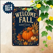 Welcome Fall Teal Pumpkins Gourds Autumn Art Plaque Retro Metal Tin Sign 8x12 picture