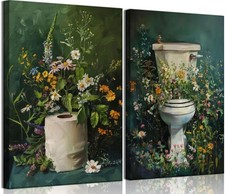 Tainilen 2Pcs Dark Green Bathroom Canvas Wall Art Botanical Toilet Moody picture