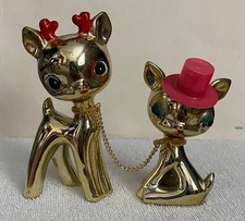 Vintage Reindeer Figure Set of 2 - Retro Showa Style Gold Deer w/Red Accents picture