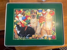 VINTAGE LESLEY HALLAS CHRISTMAS CATS Placemats Cork Back picture