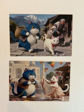 POSTCARD Blue Cats Cartoon Style Whimsical Colorful Playful Cat lot of 2 picture