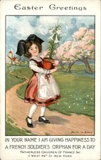 Easter Girl with Flower Pot Children Walter de Maris c1910s-20s Vintage Postcard picture