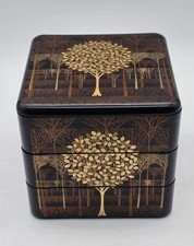 Vintage Otagiri Japan 3 Tier Jubako Box Golden Tree Forest Black Lacquer Bento picture