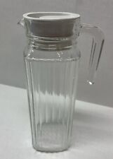 Vintage ARC France Tall Skinny Water Refrig Pitcher Ribbed With Lid - 1 Quart picture