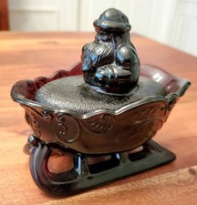 RARE Vintage Westmoreland Amethyst Glass Santa in Sleigh Covered Candy Dish picture