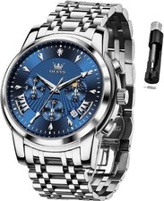 OLEVS Men's Chronograph Watch Silver Blue Dial Stainless Steel Roman Numerals picture
