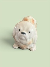 Vintage Ceramic Pekingese Dog Figurine White Brown Crackle Glaze picture