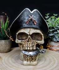 Pirate Captain Hook Marauder Skull With Golden Earring Statue Skeleton Decor picture