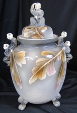 ANTIQUE? VINTAGE LARGE CHINESE FOOTED HAND PAINTED JAR W/LID & HANDLES 18.5