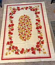 Vtg 1960s Mid Century Poppy Floral Tablecloth Red Orange Yellow Medallion MINT picture