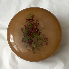 Vintage Himark Tan Alabaster Jewelry Trinket Box with Floral Design on Lid picture