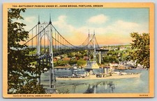Postcard Battleship Passing Under St. Johns Bridge, Portland Oregon Unposted picture