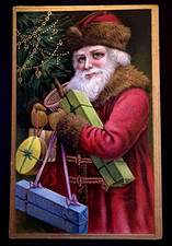 Long Red Robe Santa Claus with Gifts~Tree~Antique Christmas Postcard~s630 picture