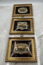 VINTAGE DOMED CONVEX Painted GLASS Metal Leaf Gold Framed Set of 3 picture
