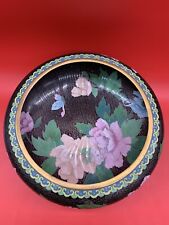 Vintage Chinese Cloisonné Champlevé Floral Bowl With Wooden Stand Beautiful 9” picture