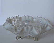 Antique Northwood White Opalescent Three Footed Glass Bowl Ruffeled Edge 9 Inch picture