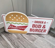 Budweiser Beer Bud & Burger Tin Sign Tacker Bar Mancave Garage Advertising  picture