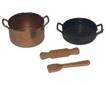 VTG 4Pc Mini Dollhouse metal 2 Pans Copper & Bronze Fork & Rolling Pin  picture