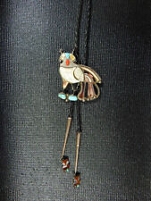 Pre-Owned Zuni Turquoise, Onyx, Coral, Silver Inlaid Owl Bolo Tie Signed L Kendy picture