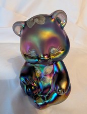 Fenton HP Floral Amethyst Carnival Glass Bear Signed C. Wind  & Shelley Fenton picture