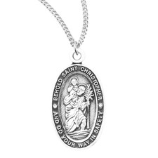 .925 Sterling Silver Saint Christopher Oval Medal Pendant Necklace, 18