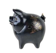 1960s Lefton Black Ceramic Happy Pig Piggy Bank Gold Rose Gilt Accents picture