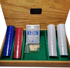 Vintage Milt's Poker Chest Wooden Poker Set Double Lions Cards Dice Love Debbie picture