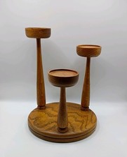 VTG MCM Mid Century Modern Round Wood Candle Holder Staggered Height 3 Candles  picture