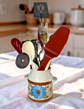Vintage FTD Ceramic Crock Utensil Holder Lot 1970s Farmhouse Kitchen Decor Set picture
