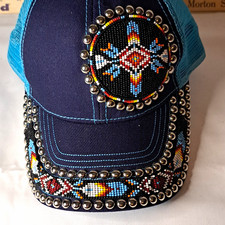Blue Mesh Trucker Cap Hat Beaded Studded Native American Style, China picture