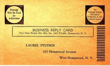 Laurel Studios 431 Hempstead Ave. West Hempstead LI NY Business Reply Card picture