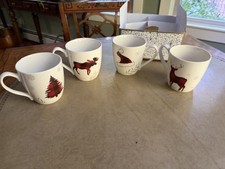 NIB Godinger Gatherings Set 4 Christmas Reindeer 16oz Mugs Holiday Moose Plaid picture